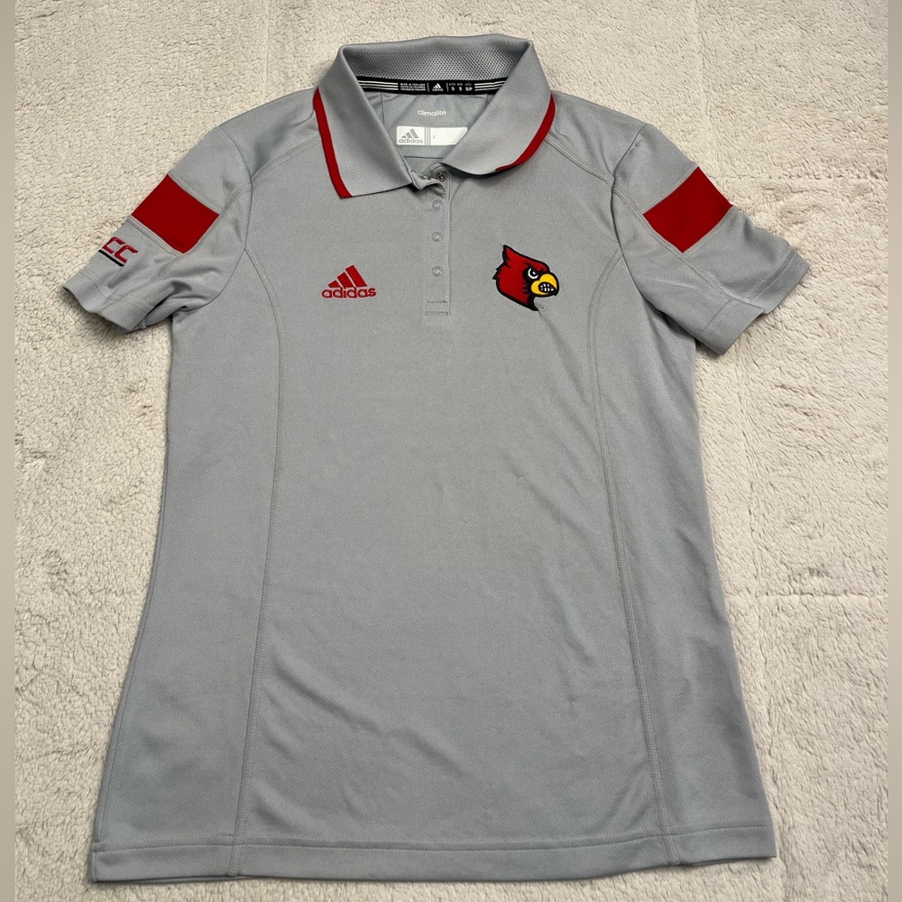 Adidas NCAA ACC Louisville Cardinals Team Issue Gray Polo T Shirt Women’s S Rare